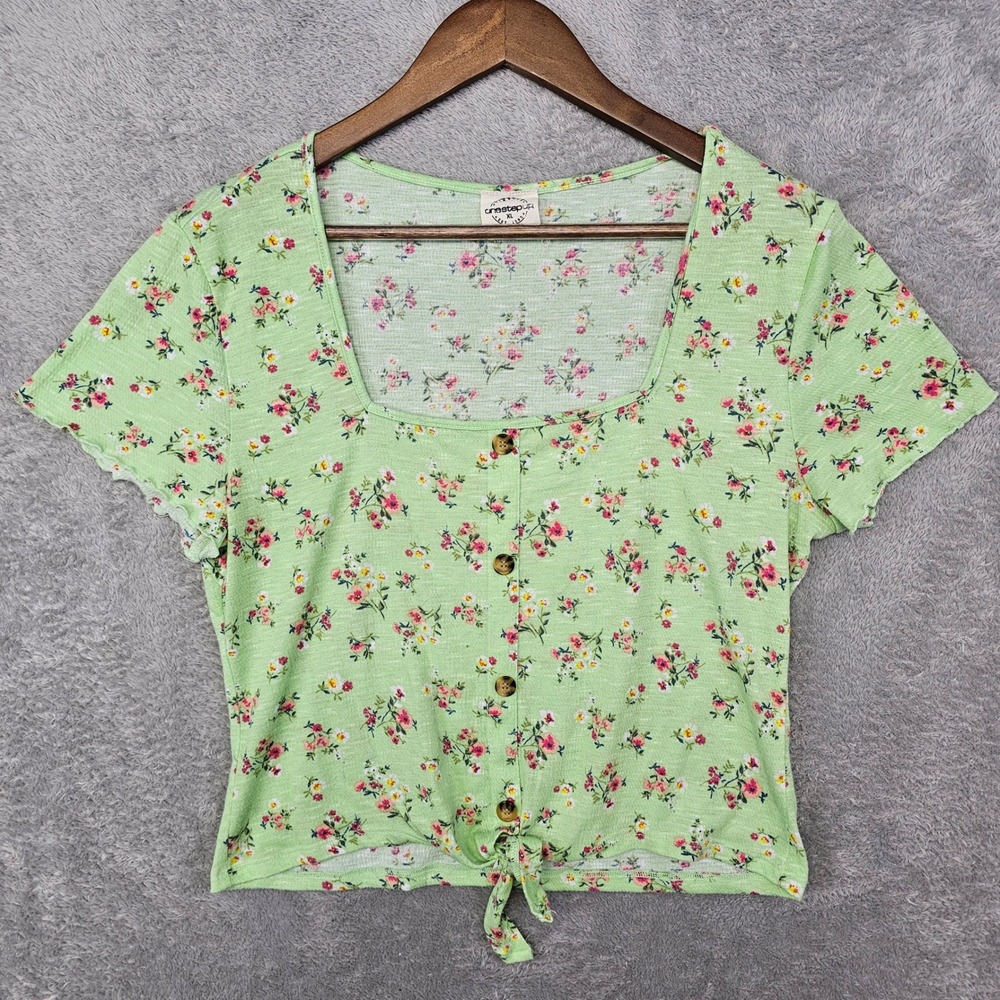 One Step Up Juniors XL Green Floral Tie Front Crop Top Cottagecore Y2K Coquette - Picture 3 of 5